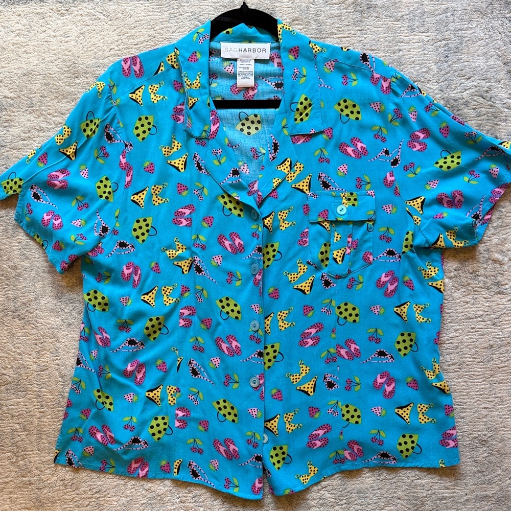 Sag Harbor Bright Aqua Short-Sleeve Button-Down Shirt with Pink & Lime Print
